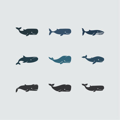 A collection of nine stylized whale icons in various poses and shades of blue.