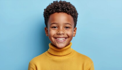 A smiling young boy with curly hair poses against a blue background.