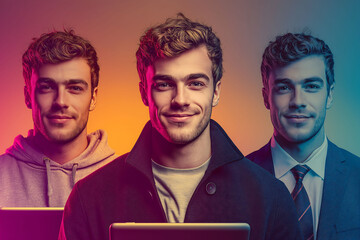 A triptych of a young man in three roles: student with tablet, present self in casual attire, future professional in suit/uniform, with gradient lighting transitions