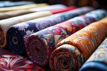 Rolls of colorful fabrics with floral and abstract patterns are displayed on a table, showcasing a variety of designs and textures