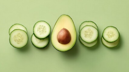 A halved avocado with the seed in the middle, flanked by cucumber rounds on a pale green background. Concept Avocado Halves Still Life, Fresh Produce Photography, Green Palette Styling