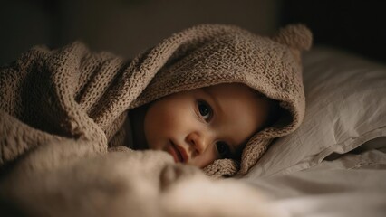 A baby wrapped in a chunky brown knitted hooded blanket rests on a bed, gazing softly at the camera. Concept Newborn Portraits, Cozy Knit Blanket, Bedside Shoot, Soft Lighting, Sweet Gaze