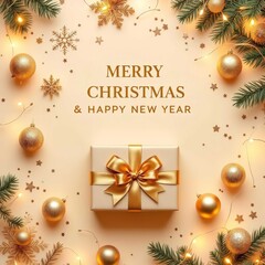 Merry Christmas and Happy New Year Greeting Card with Golden Gift Box, Ornaments, and Fir Branches on a Soft Cream Background