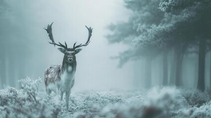 A majestic stag with broad antlers stands in a foggy, frost-covered forest. Concept Majestic stag with broad antlers, Foggy frost-covered forest, Winter wildlife portrait, Misty woodland atmosphere