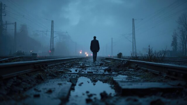 A man in a suit walks alone along a foggy blue railway track, puddles reflecting distant lights. Concept Moody noir scene with a lone suit-wearer, Foggy blue railway track atmosphere