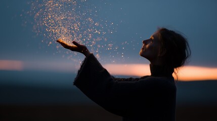 Silhouette of a woman holding glowing sparks against a stunning sunset, symbolizing magic, hope, and imagination.