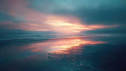 Obraz premium A tranquil beach at sunset with pink-orange sky reflected on wet sand and gentle waves rolling ashore. Concept Sunset Beach Serenity, Pink-Orange Sky Reflections, Wet Sand Mirrors, Gentle Waves