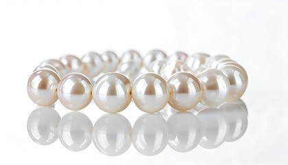 Obraz premium Close-up of a lustrous pearl bracelet, slightly curved, against a white reflective backdrop