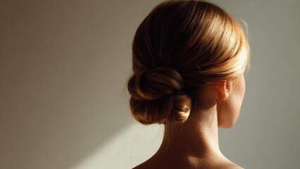 Back view of a woman with a neat low twisted bun, lit by warm sunlight. Concept Back view portrait, Low twisted bun, Warm golden sunlight, Outdoor photography, Hair styling detail