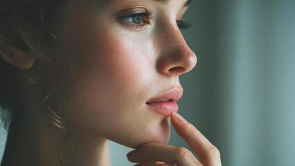 Close-up profile of a freckled young woman gazing out a window, finger resting on her lips. Concept Close-up profile, Freckled skin, Window light, Gazing out window, Finger on lips