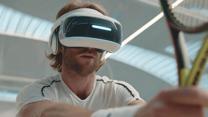 Man wearing a futuristic white VR headset with blue lights, in a gym, gripping a tennis racket. Concept Futuristic VR headset in gym, Techwear athlete with tennis racket