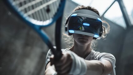 Person wearing a futuristic VR headset with glowing blue lights, aiming a handheld device toward the camera in a dark, industrial space. Concept Futuristic VR headset, glowing blue lights