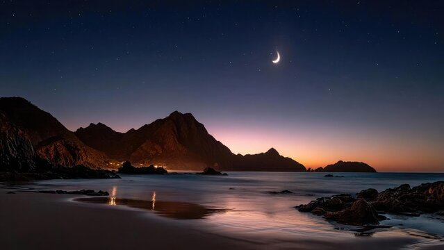 Crescent moon over a rocky coastline at twilight, calm sea reflecting the orange glow of sunset behind jagged cliffs. Concept Crescent Moon Over Rocky Coast, Twilight Seascape - Powered by Adobe
