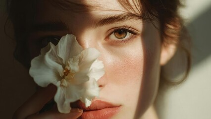 Close-up portrait of a woman with a white flower pressed to her nose, sunlit skin and a golden-brown eye. Concept Close-up portrait, White flower on nose, Sunlit skin, Golden-brown eyes