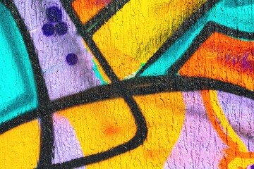 Bright abstract street art in neon aqua, orange, purple. 90s graffiti style, bold lines, vibrant colors, textured wall. Urban visuals, digital art, modern 90s, Y2K creative banner.