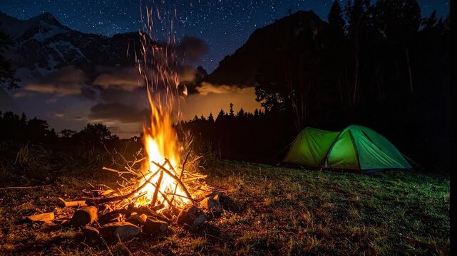 Camping Adventure Under the Stars Cozy Campfire and Tent in the Wilderness at Night