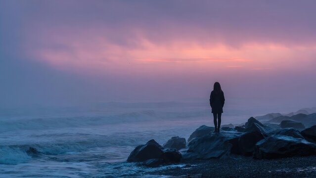 A lone person stands on rocky shore watching the waves at sunset, with a pink-purple sky. Concept Solitary figure, Rocky shoreline, Sunset glow, Pink-purple sky, Ocean waves