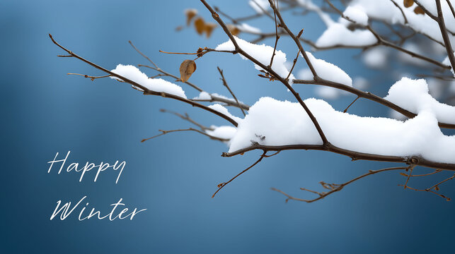 Snow-covered tree branch with thin twigs and dry leaves, soft snowfall on blue gradient background, "Happy Winter" handwritten text, natural frost details