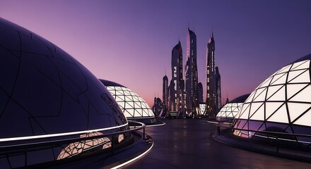Futuristic Cityscape at Dusk with Modern Architecture and Glowing Domes.