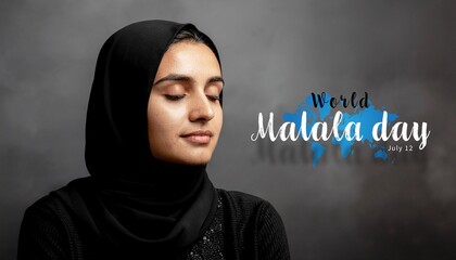 Malala day concept. Close-up Portrait of a Pakistani woman wearing a hijab on a black wall background with her eyes closed. 