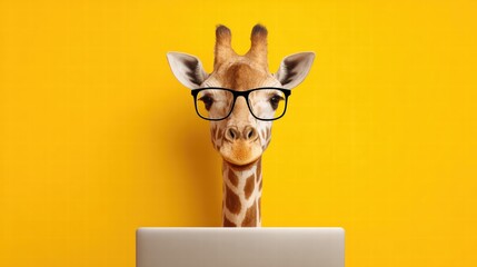 A giraffe wearing glasses looks at a laptop against a yellow background.