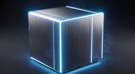 Futuristic cube with glowing edges, modern design, technological concept.