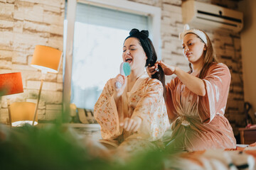 Two women in robes enjoy a relaxing day at home, sharing laughter and bonding moments while doing...