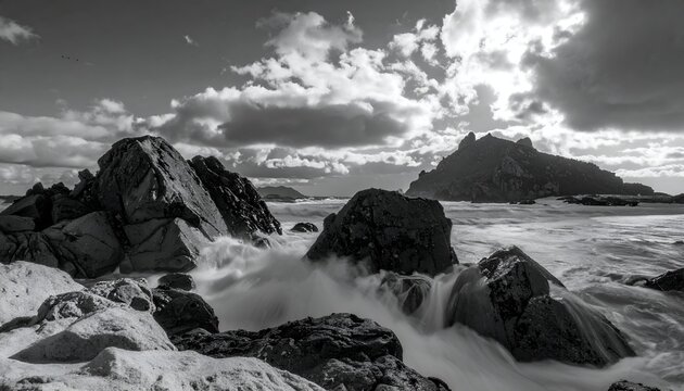 Dramatic Black and White Seascape with Crashing Waves and Rocky Outcrops. - Powered by Adobe