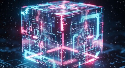 Futuristic digital cube with glowing circuits and neon lights.