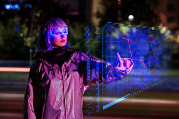girl wearing futuristic AR glasses interacts with holographic map.