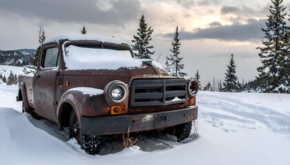 Vintage Truck Abandoned in Snowy Landscape - A Rustic Winter Scene.