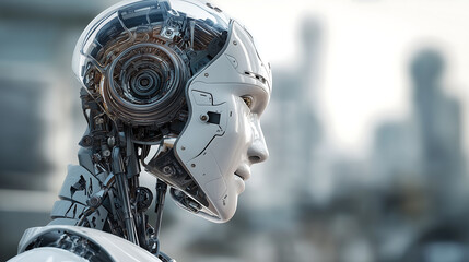 Fototapeta premium A futuristic scene showing the popularity of artificial intelligence with people praising AI