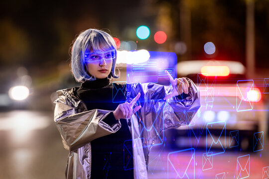 woman wearing AR glasses interacts with a messenger in city.