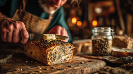 Spreading butter on multigrain artisan bread with seeds