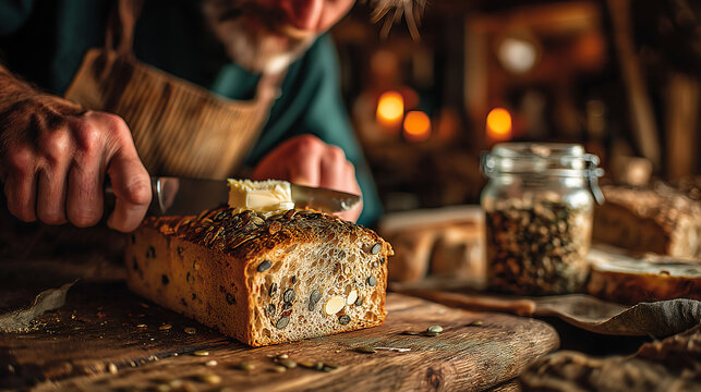 Spreading butter on multigrain artisan bread with seeds - Powered by Adobe