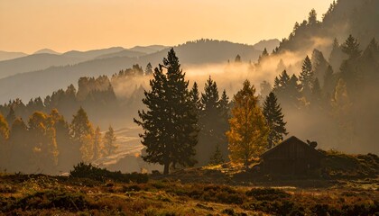 Golden hour in the mountains - A serene landscape with mist and trees.
