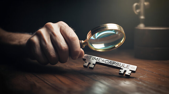 Unlocking memories with time capsule key and magnifying glass, exploring history, nostalgia, and heritage, remembering past events, old fashioned style concept