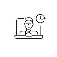 Young man user on laptop and clock. Screen time tracking and work schedules. Pixel perfect, editable stroke vector icon