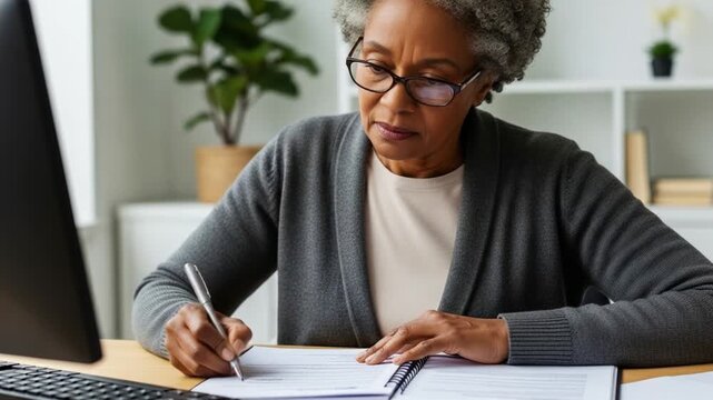 Focused senior woman engaged in writing notes at her desk, demonstrating concentration and determination while surrounded by a tidy workspace and greenery that enhances her productivity.