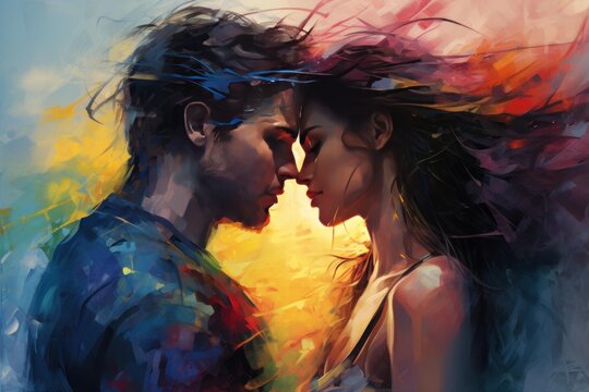 Romantic couple touching noses with colorful painted background symbolizing love and connection