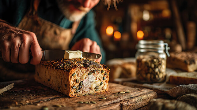 Close-up of multigrain artisan bread with sunflower seeds, spreading butter on a slice with a knife