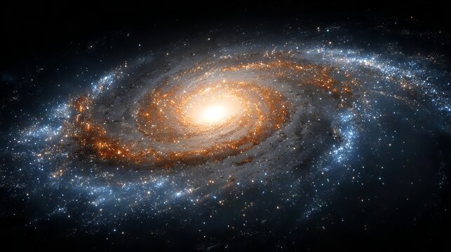 Vibrant blue and orange spiral galaxy swirling in deep outer space with glowing starfield and cosmic nebula background