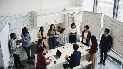 Collaborative Learning Session in Modern Workspace with Diverse Group Engaged in Knowledge Sharing and Problem Solving through Interactive Discussion and Visual Tools on Whiteboards