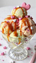 Delicious ice cream sundae with heart-shaped toppings and caramel drizzle in a dessert glass
