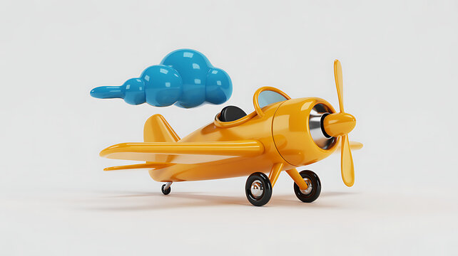 Whimsical journey awaits with this charming yellow toy airplane soaring past a playful blue cloud, perfect for adding a touch of childlike wonder to any project