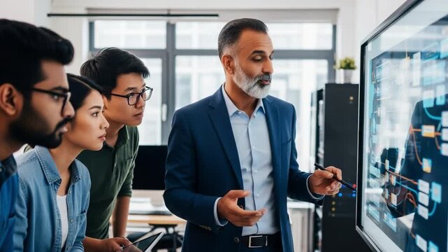 A diverse group of professionals engaging in an interactive presentation, focused on data analysis and digital insights. The scene highlights collaboration, innovation, and teamwork in a modern office - Powered by Adobe