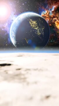 Digital Circuitry Over Moon Surface With Earth In Cosmic Background And Nebula Glow