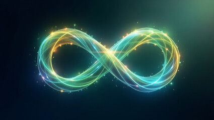 Vibrant glowing infinity symbol illuminating with cosmic energy and light trails