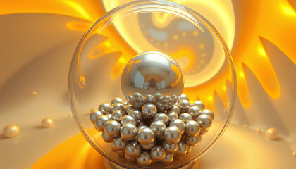 Abstract background with a transparent sphere and metallic pearls on a golden swirl backdrop