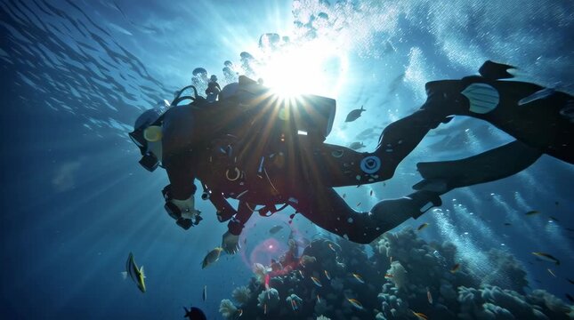 A portrait angle, action shot of a man in full scuba gear, mid-motion, powerfully propelling himself through the water. He's swimming alongside turtles and a school of vibrant fish, with sunlight dapp